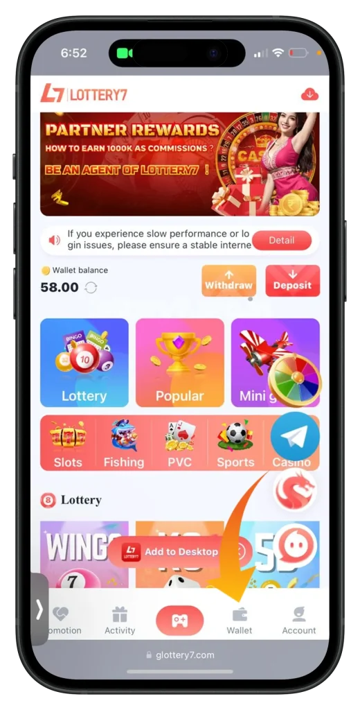 Lottery 7 wallet button